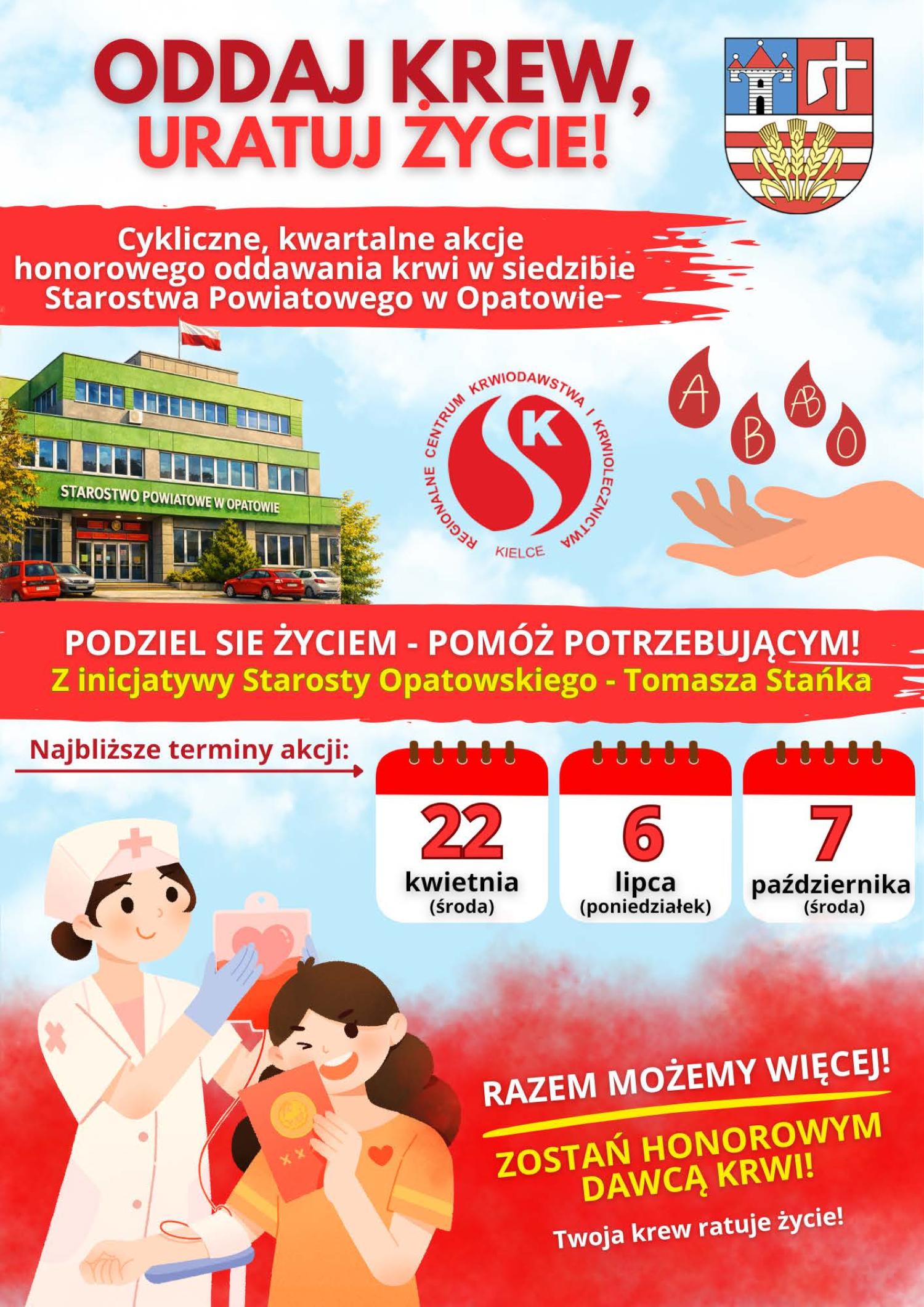 Grafika z treścią ogłoszenia o krwiodawstwie