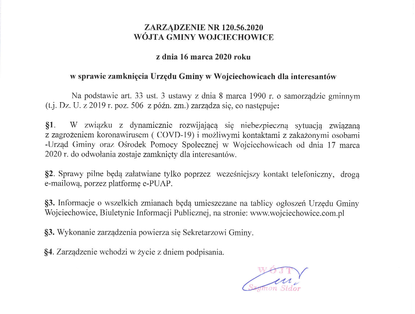 Zarządzenie w sprawie zamknięcia dla interesantów Urzędu Gminy w Wojciechowicach