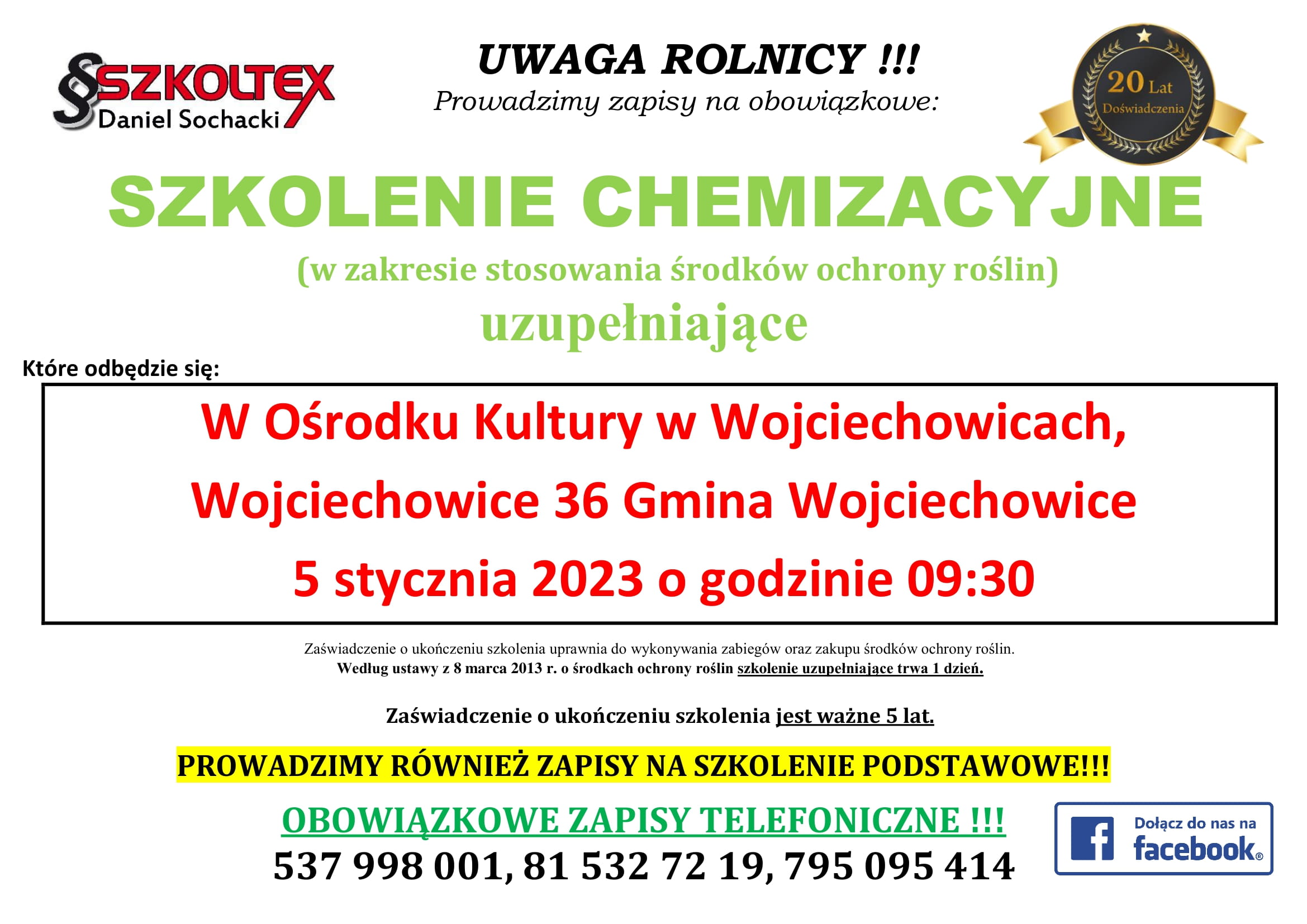 Plakat z informacjami o szkoleniu ze stosowania środków ochrony roślin