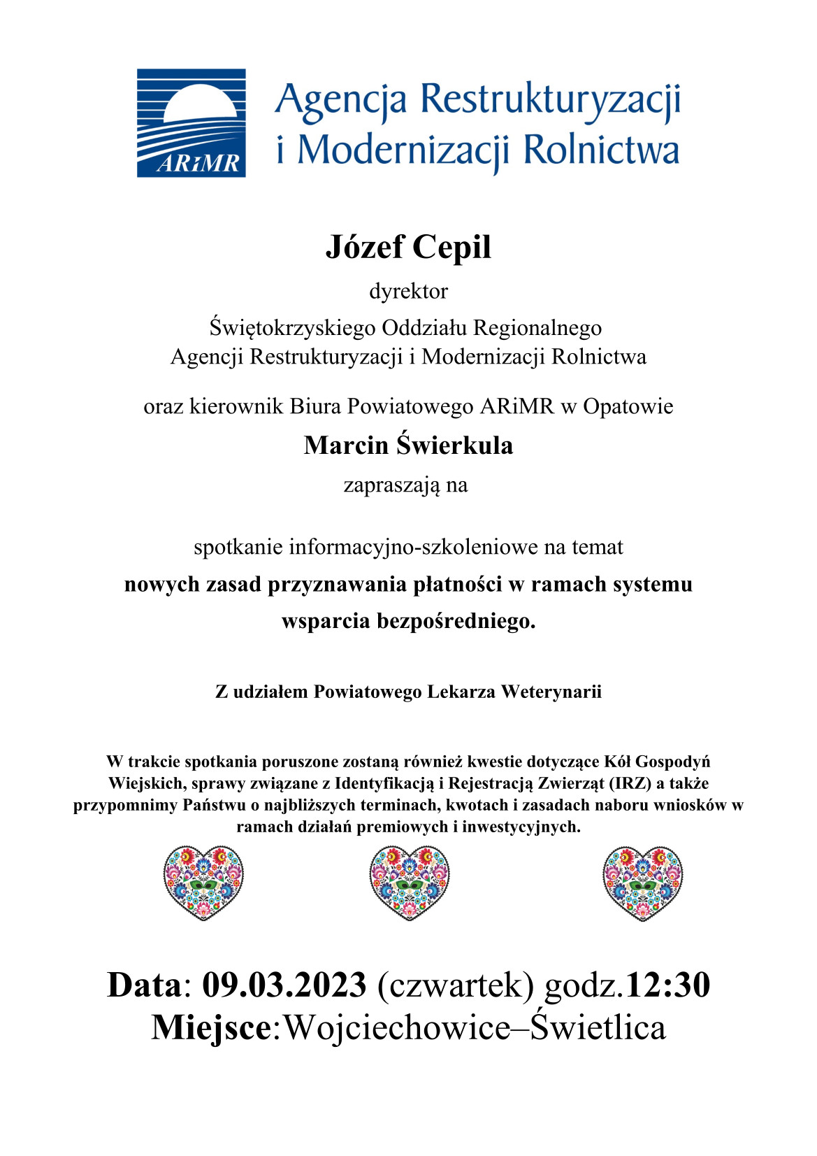 Plakata z informacjami o spotkaniu dla rolników
