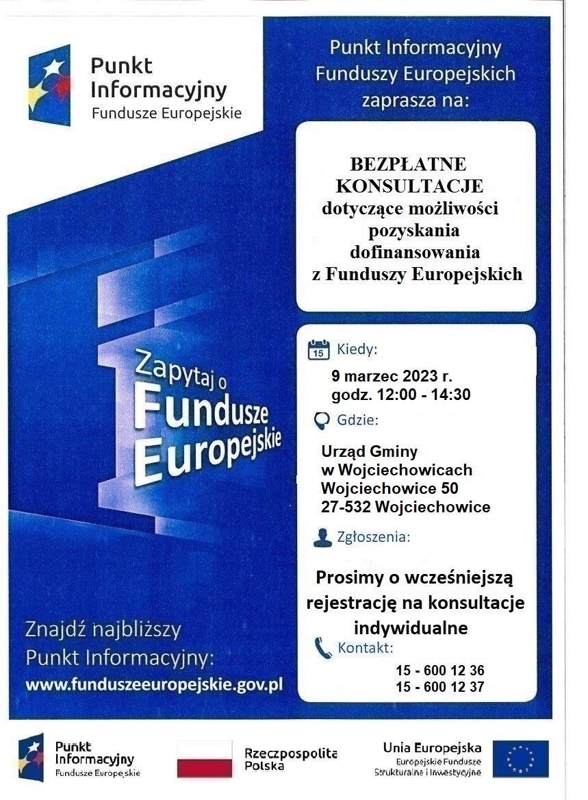 Plakat z informacjami o bezpłatnych konsultacjach dotyczących Funduszy Europejskich
