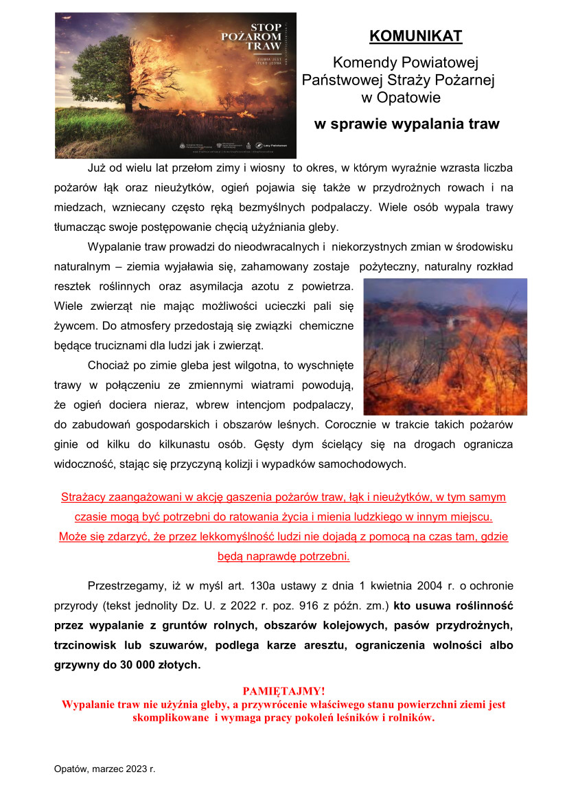 Grafika z komunikatem  Państwowej Straży Pożarnej w Opatowie