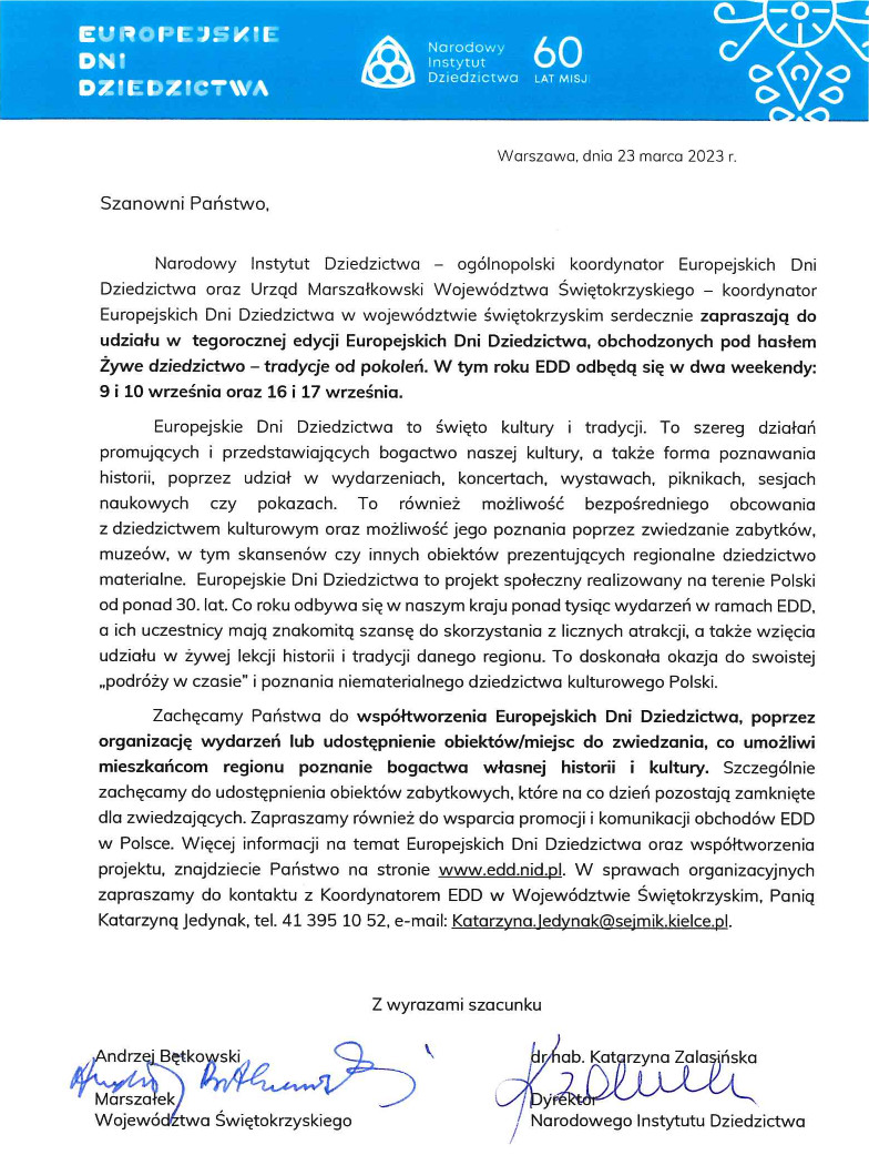Zaproszenie do udziału w Europejskich Dniach Dziedzictwa