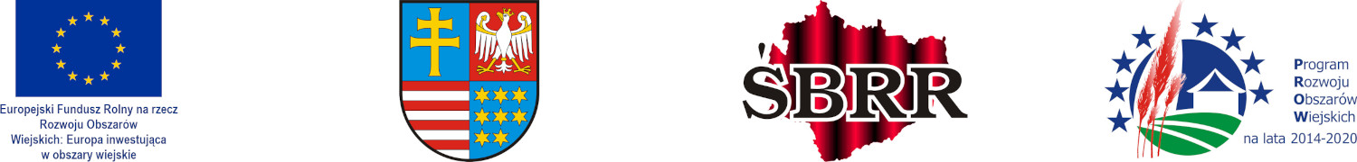 Od lewej flaga Unii Europejskiej, Herb Województwa Świętokrzyskiego, logo SBRR, logo PROW