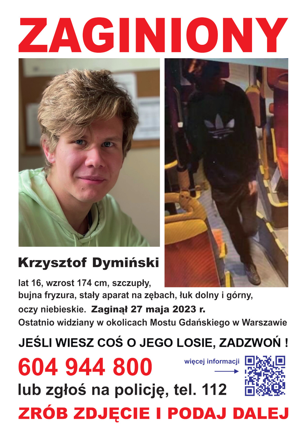 Plakat ze zdjęciem i informacjami o zaginionym