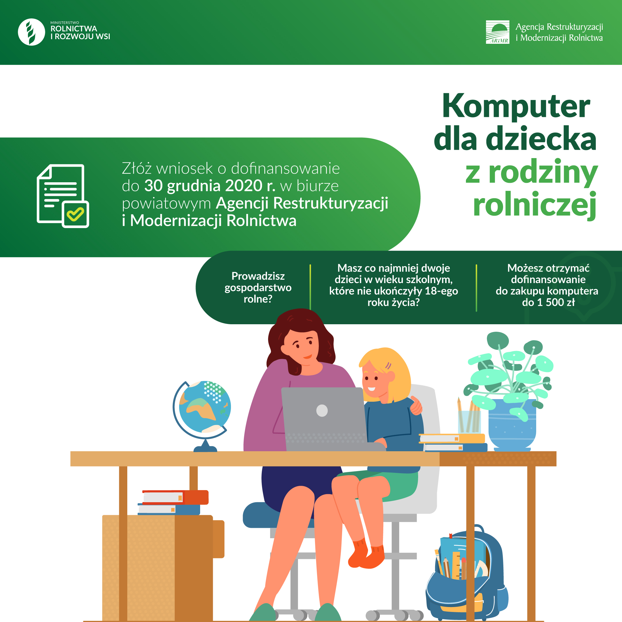 Plakat informacyjny - Dofinansowanie zakupu komputera dla dziecka z rodziny rolniczej