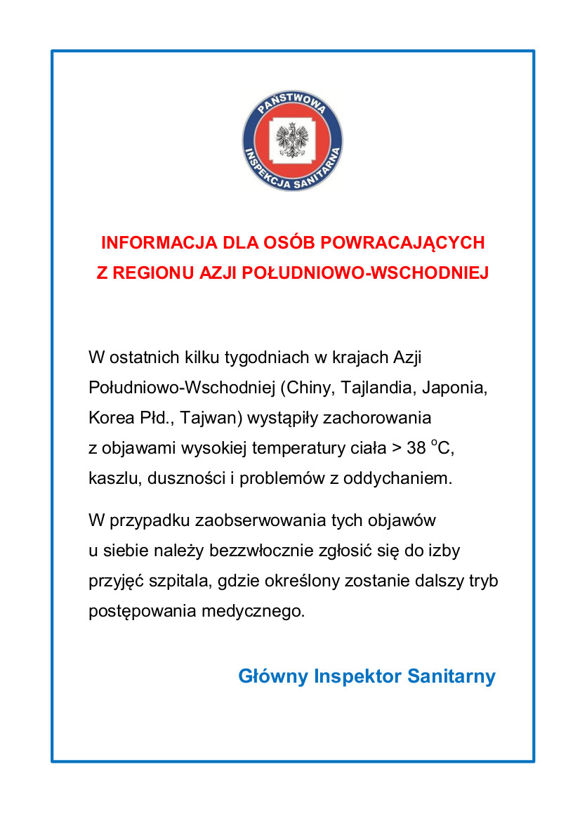 INFORMACJA DLA OSÓB POWRACAJĄCYCH Z REGIONU AZJI POŁUDNIOWO-WSCHODNIEJ