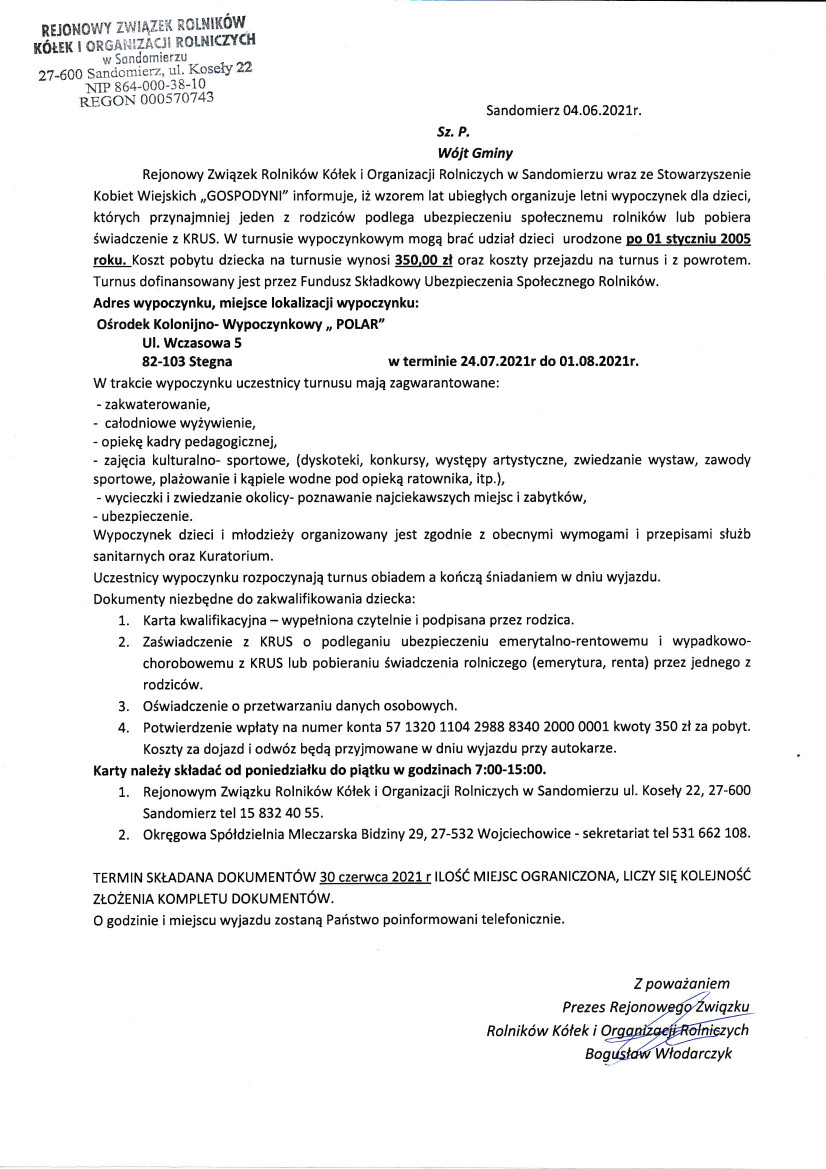 Skan pisma Rejonowego Związku Rolników Kółek i Organizacji Rolniczych w Sandomierzu dotyczące kolonii letnich