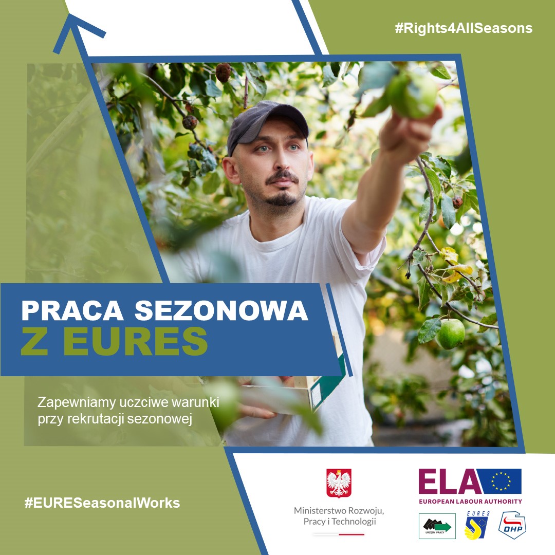 Grafika promująca Praca sezonowa z EURES: Kampania informacyjna wspierająca uczciwą rekrutację w Europie