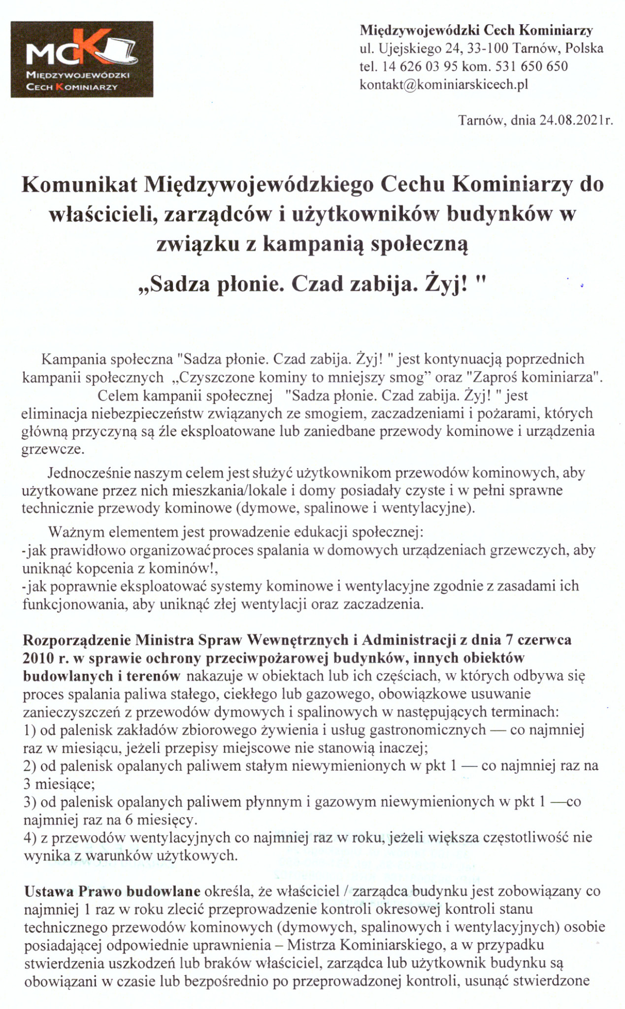 Strona pierwsza komunikatu Międzywojewódzkiego Cechu Kominiarzy