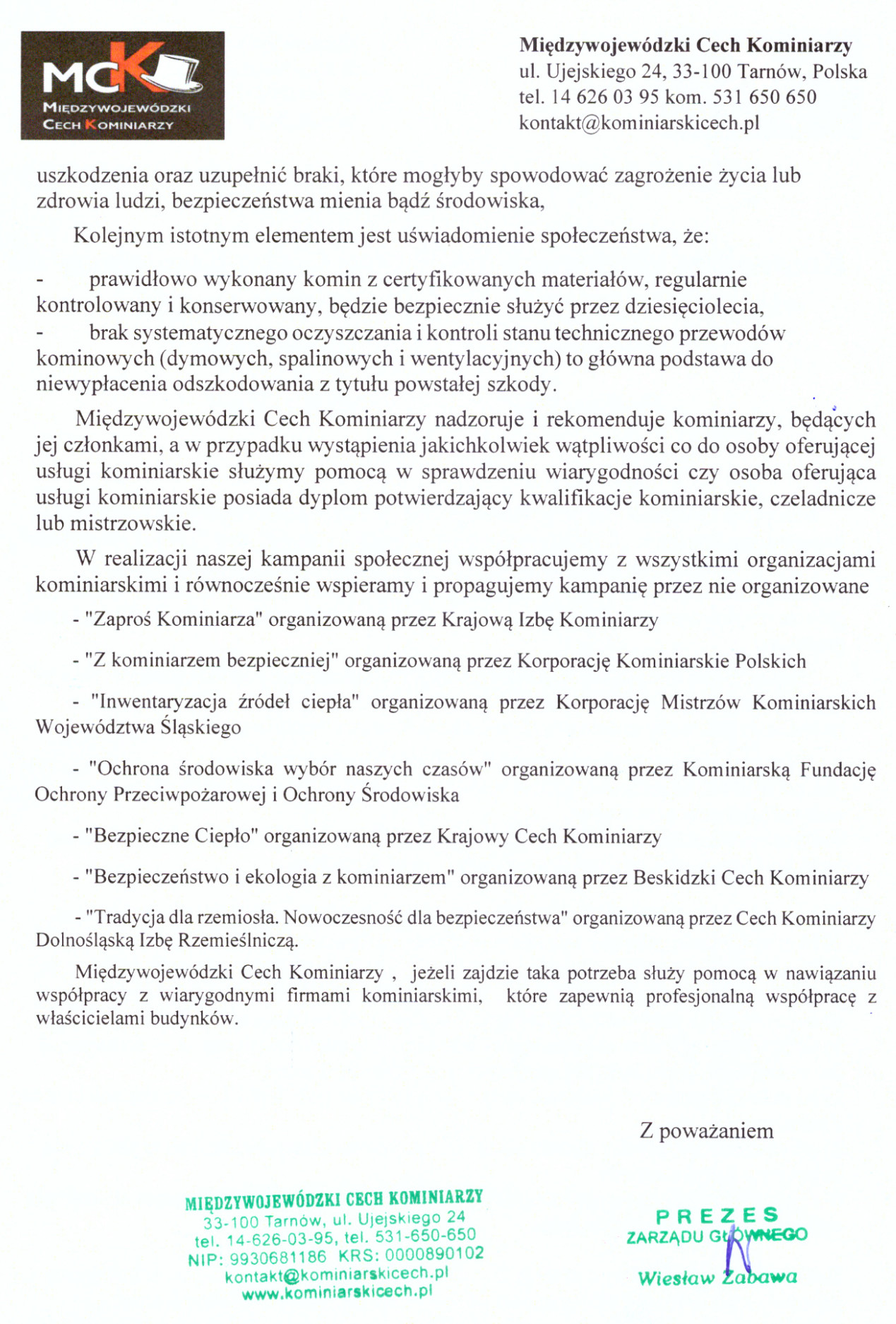 Strona druga komunikatu Międzywojewódzkiego Cechu Kominiarzy