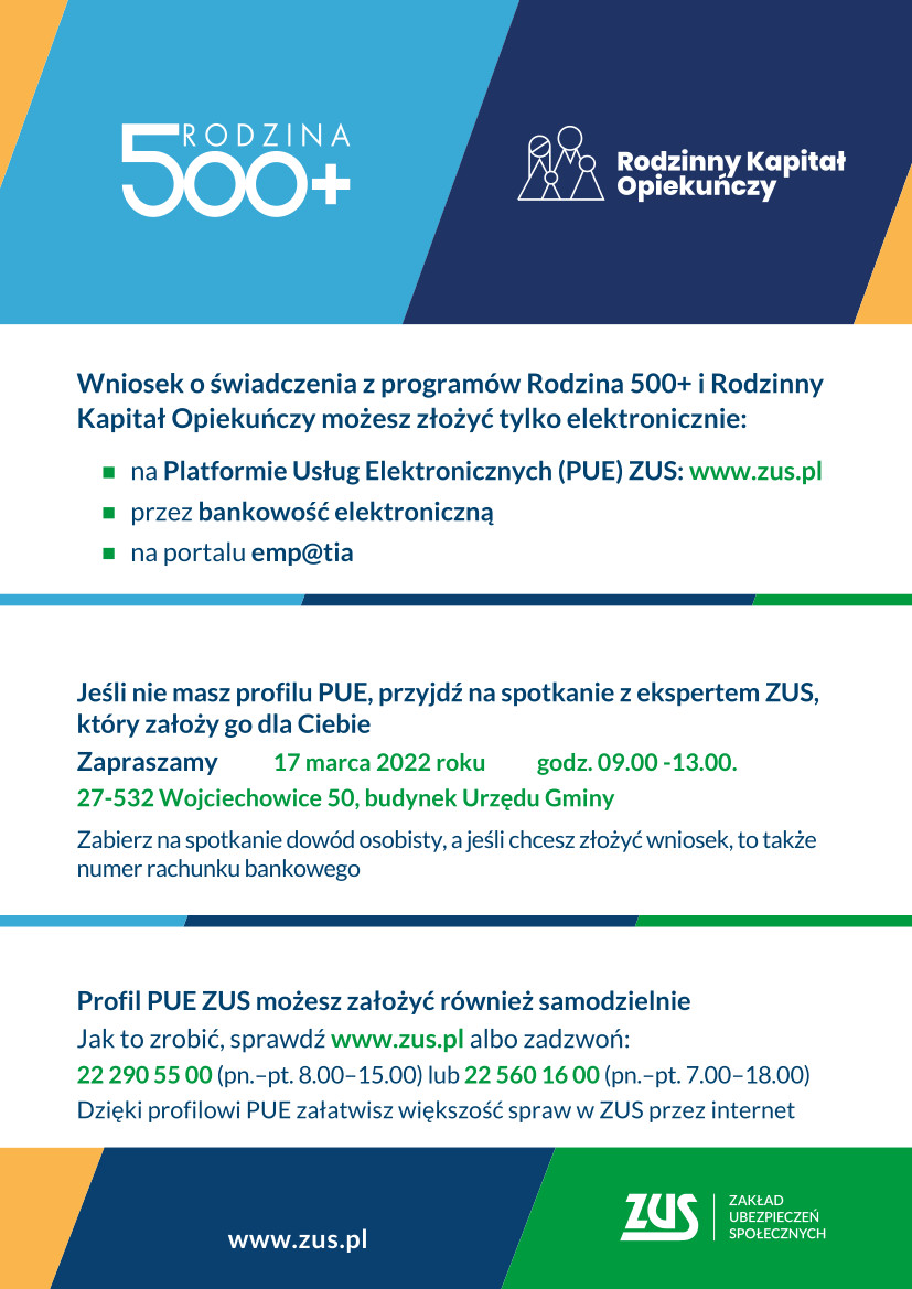Plakat o spotkaniu dotyczącym świadczenia 500+ w Urzędzie Gminy w Wojciechowicach