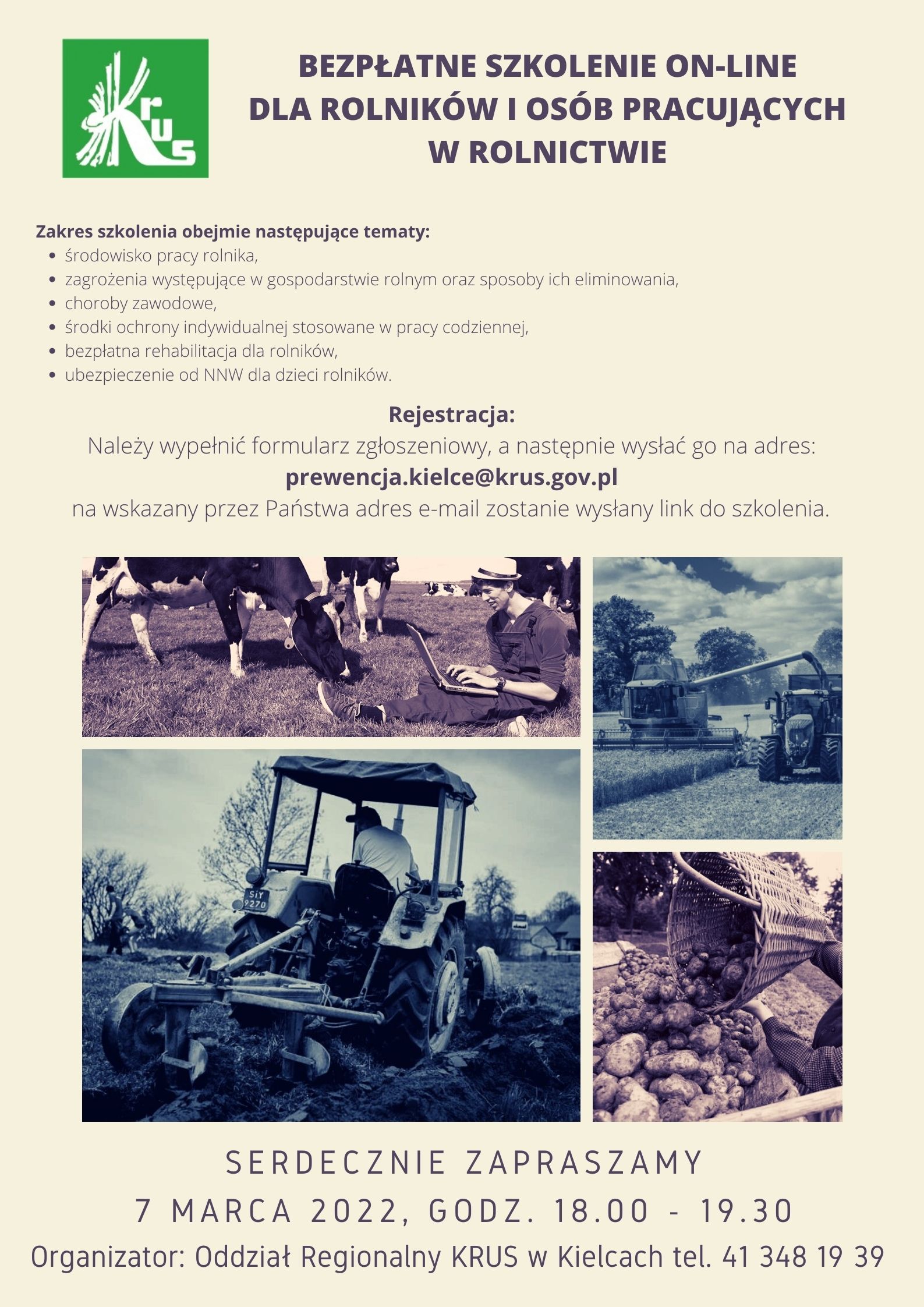 Plakat z informacjami o Bezpłatnym Szkoleniu on-line dla rolników i osób pracujących w rolnictwie