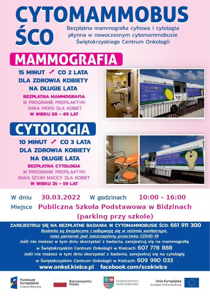 Grafika z informacjami o bezpłatnych badaniach wykonywanych przez ŚCO w Cytomammobusie