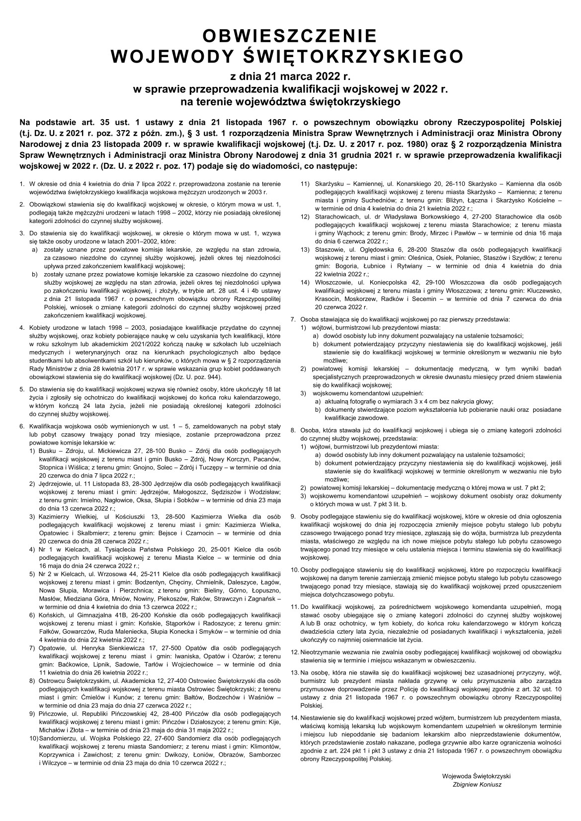 Grafika przedstawiająca Obwieszczenie Wojewody Świętokrzyskiego z dnia 21 marca 2022 r. w sprawie przeprowadzenia kwalifikacji wojskowej w 2022 r. na terenie województwa świętokrzyskiego