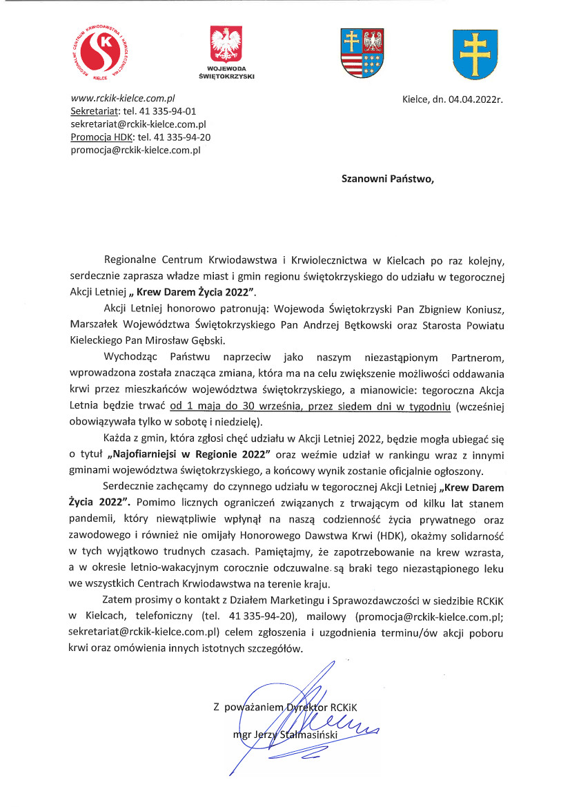 Komunikat RCKiK Kielce dotyczący akcji Krew Darem Życia