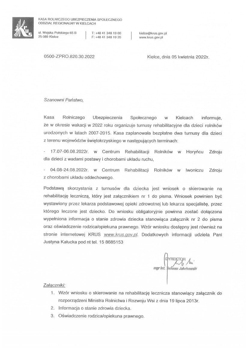 Skan pierwszej strony dokumentu Turnusy rehabilitacyjne dla dzieci