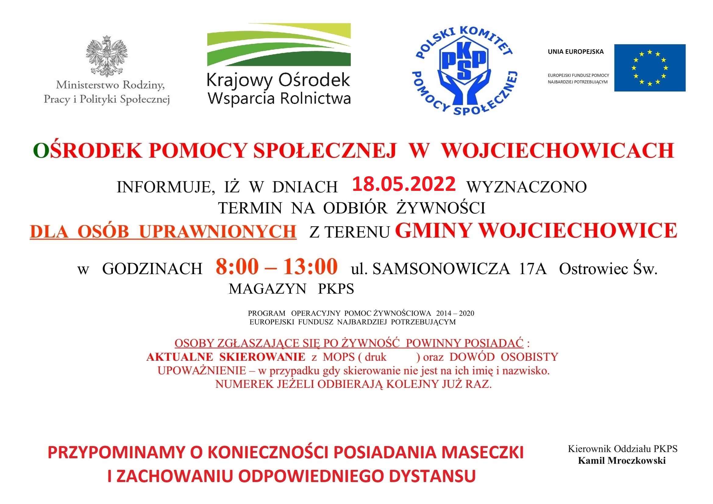 Plakat z informacjami o odbiorze żywności.
