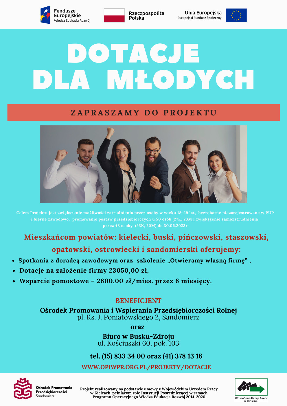 Plakat z informacjami o projekcie Dotacje dla młodych
