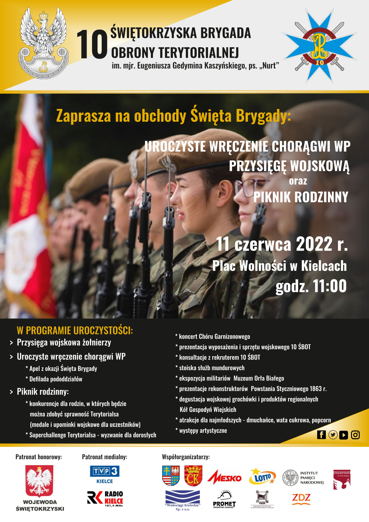 Plakat z Zaproszeniem na obchody Święta 10 Świętokrzyskiej Brygady Obrony Terytorialnej im. mjr. Eugeniusza Gedymina Kaszyńskiego, ps. 