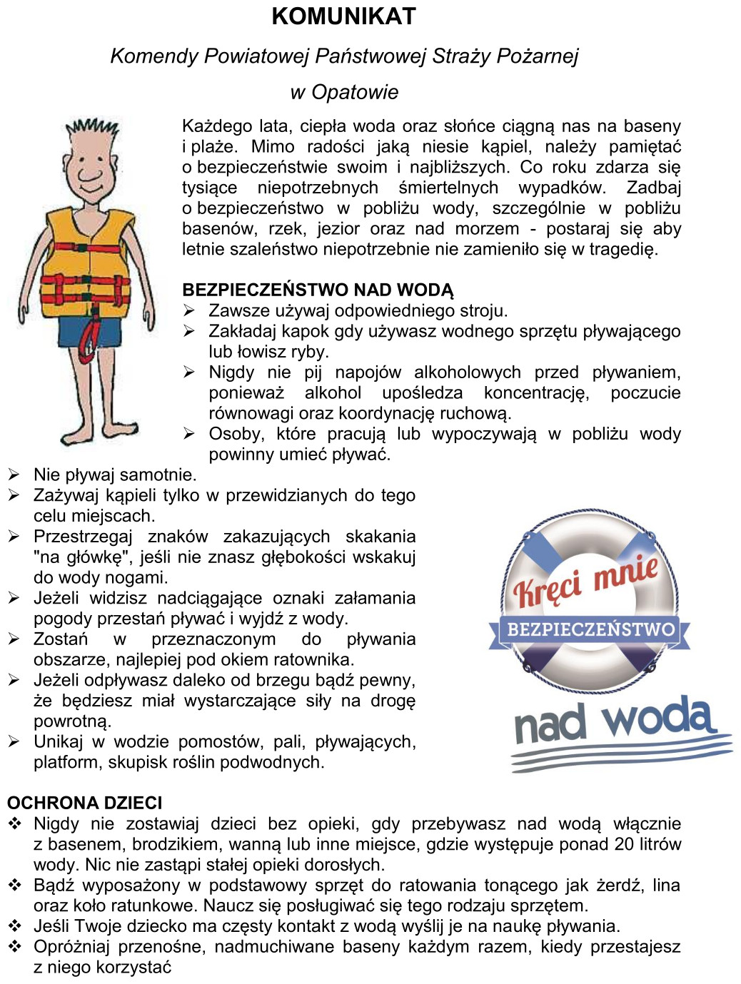 Grafika z komunikatem o bezpieczeństwie nad wodą