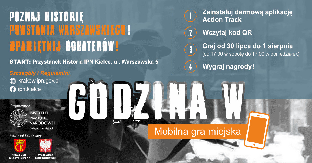 Grafika promocyjna Zapraszamy do udziału w interaktywnej grze miejskiej pt. „Godzina W”