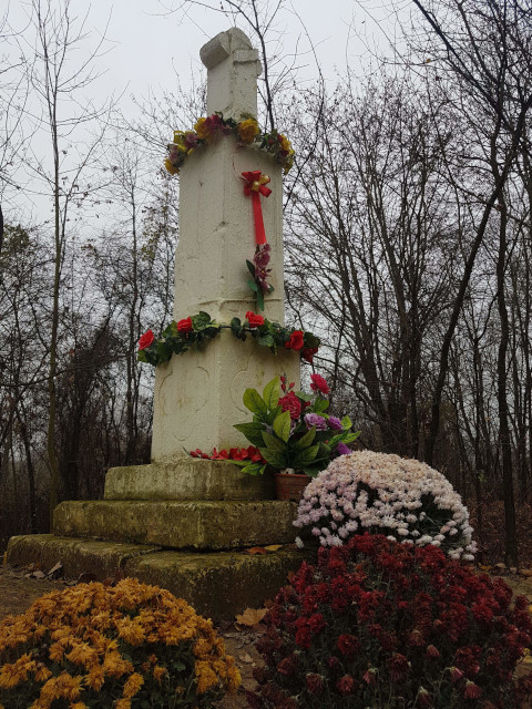 Krzyż kamienny na postumencie usytuowany przy drodze gminnej Nr 004512T Mierzanowice przez wieś po lewej stronie w kierunku wsi