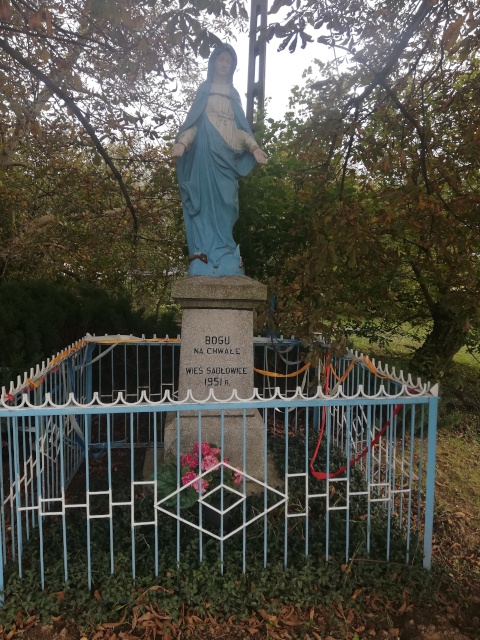 Figurka Matki Boskiej usytuowana na skrzyżowaniu drogi lokalnej L1 i drogi powiatowej Nr 0735T po prawej stronie w kierunku miejscowości Łopata z napisem 