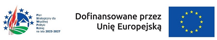 Odbiór zbiornika retencyjnego we Wlonicach Po lewej stronie logo Planu Strategicznego dla Wspólnej Polityki Rolnej na lata 2023-2027, po prawej Dofinansowano przez Unię Europejską obok flaga Unii Europejskiej